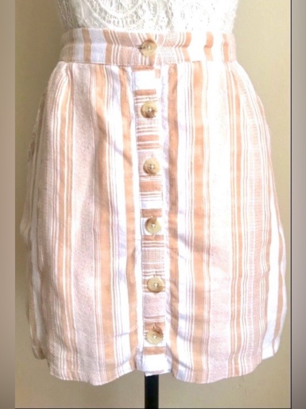 Tan Beige & White Linen Mini Skirt: Striped, High Waist, Front Buttons, Sz. L